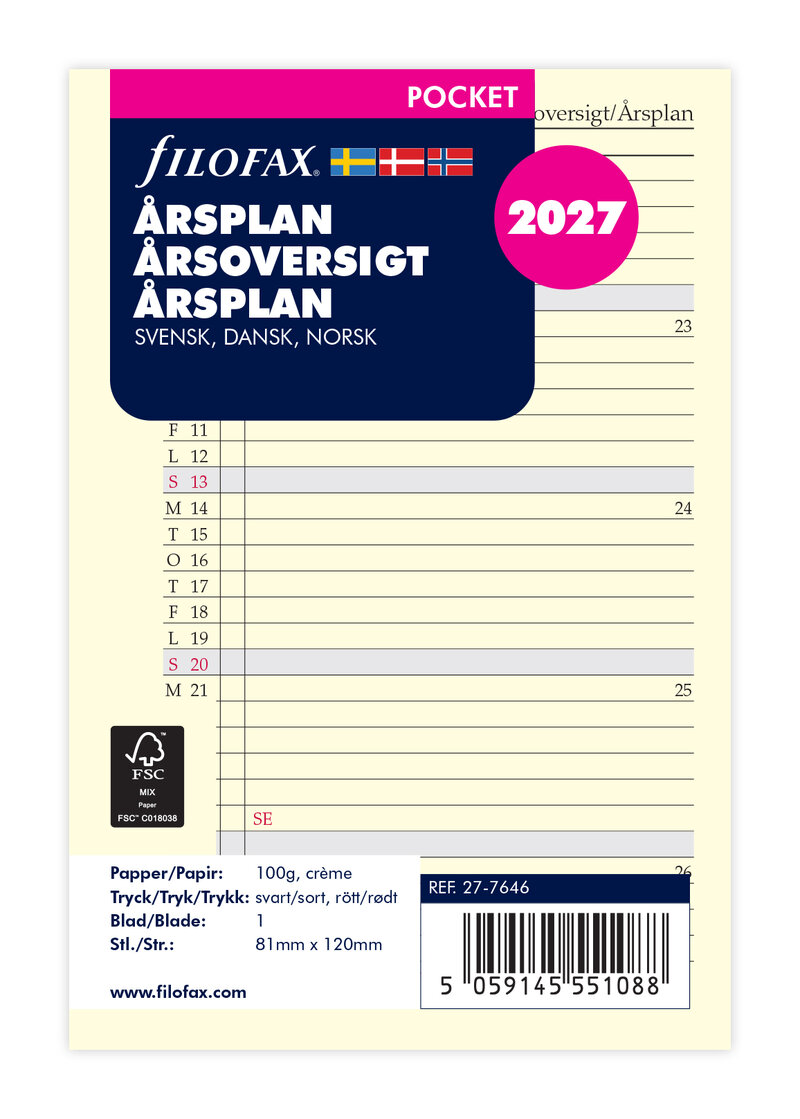 Filofax Pocket Refill 2027 Årsplan. Språk svensk/dansk/norsk