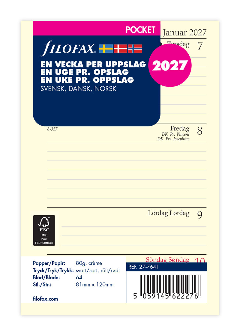 Filofax - Pocket Refill 2027 Vecka/Uppslag