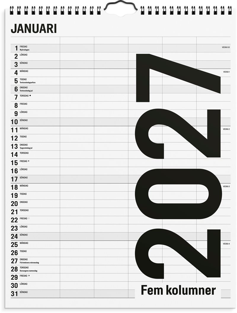 Familjekalender 2027 Black and white 5 kolumner